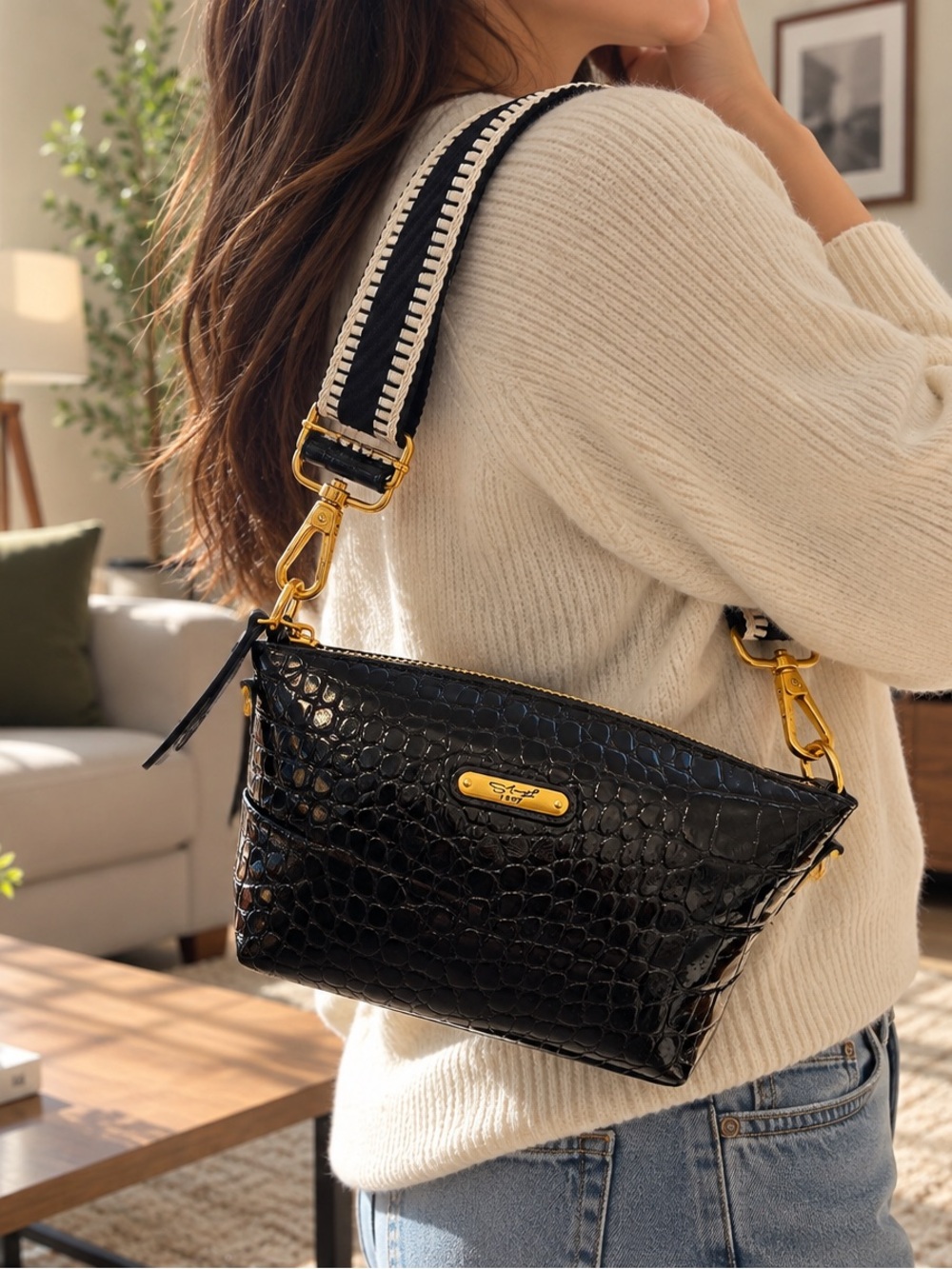 Sharif Black Croc-Embossed Crossbody with Contrast Woven Strap